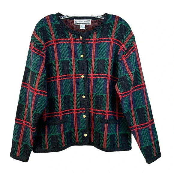 Vintage 90's‎ Crystal-Kobe Women's Blue/Red/Green Plaid Button Front Cardigan M - Picture 1 of 6